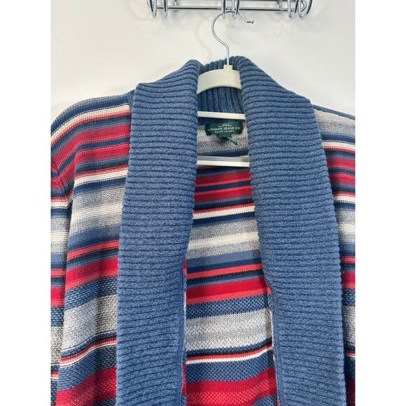 Vintage Lauren Jeans Co Cardigan Sweater Large Blue Red Striped Cabin Core - Picture 3 of 6